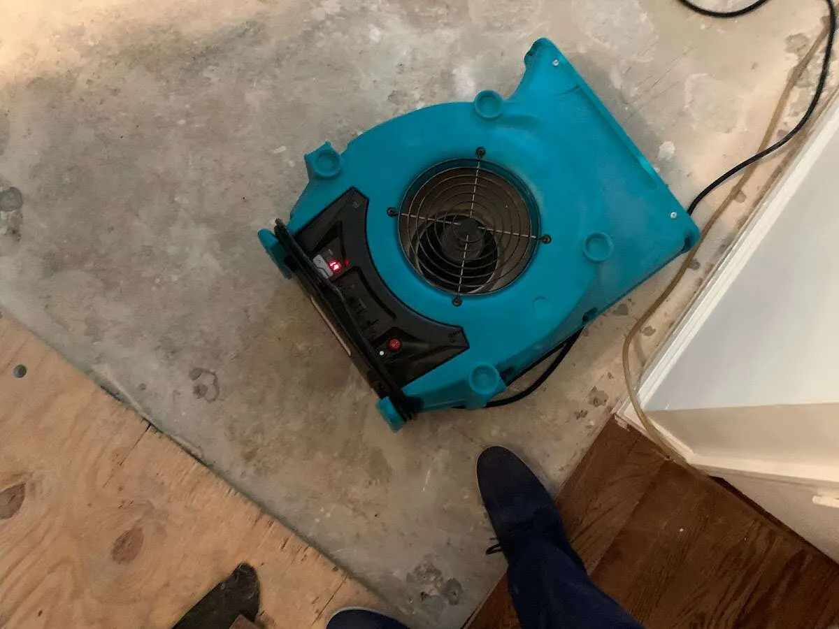 Air mover drying subfloor during Leak Detection & Repair in Bartlett